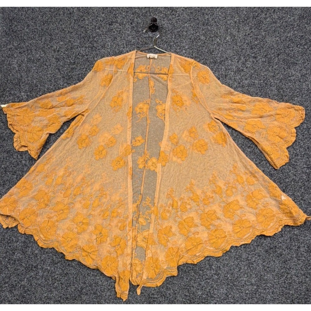 Dee Elly Kimono S Mustard Yellow Floral Mesh Sheer Embroidered Boho Coverup